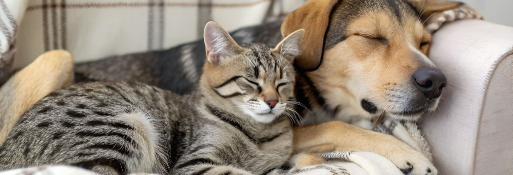 Cat and dog snuggling on the couch to stay warm in a winter storm
