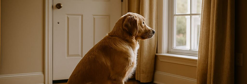 Sad, anxious dog looking out the window while home alone