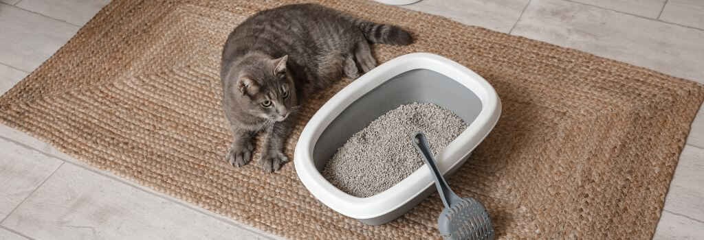 Cat sitting next to litterbox