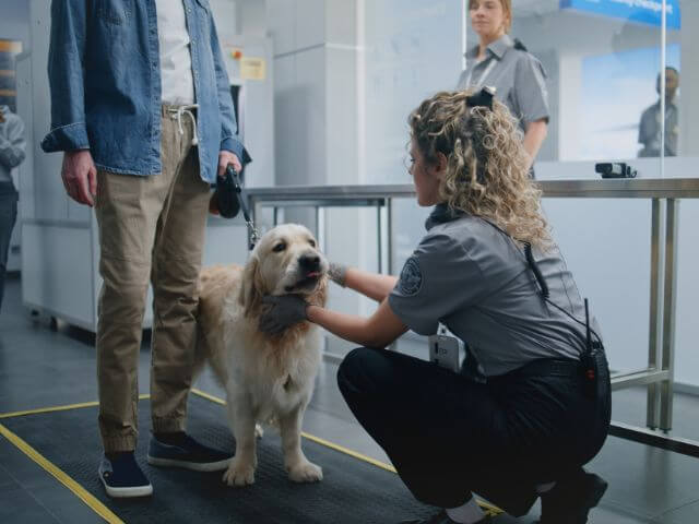 International Pet Travel. Dog traveling with pet owner, dog going through airport security.